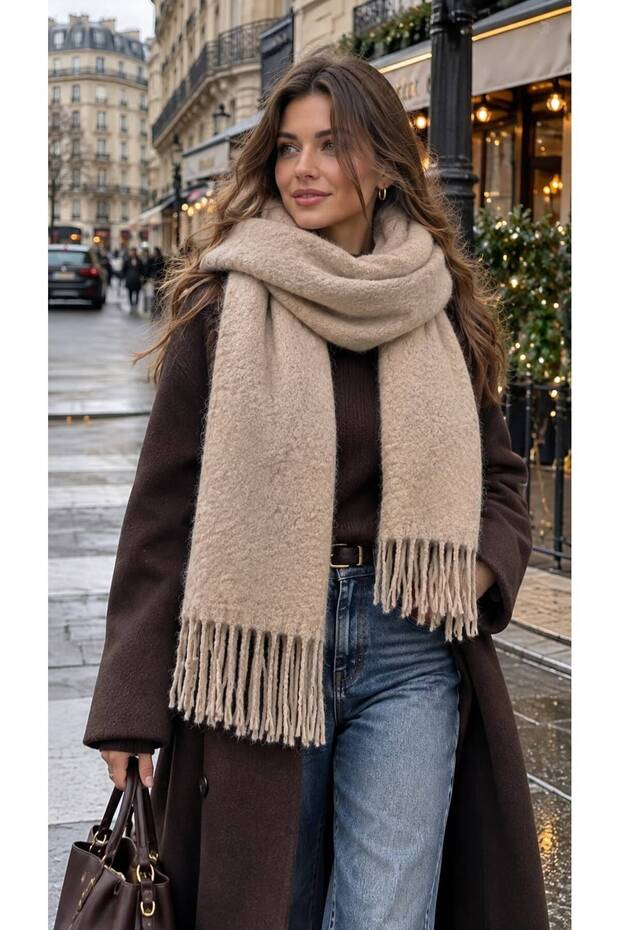 Beige Lux Puff Tasseled Soft Textured Thick Women's Shawl