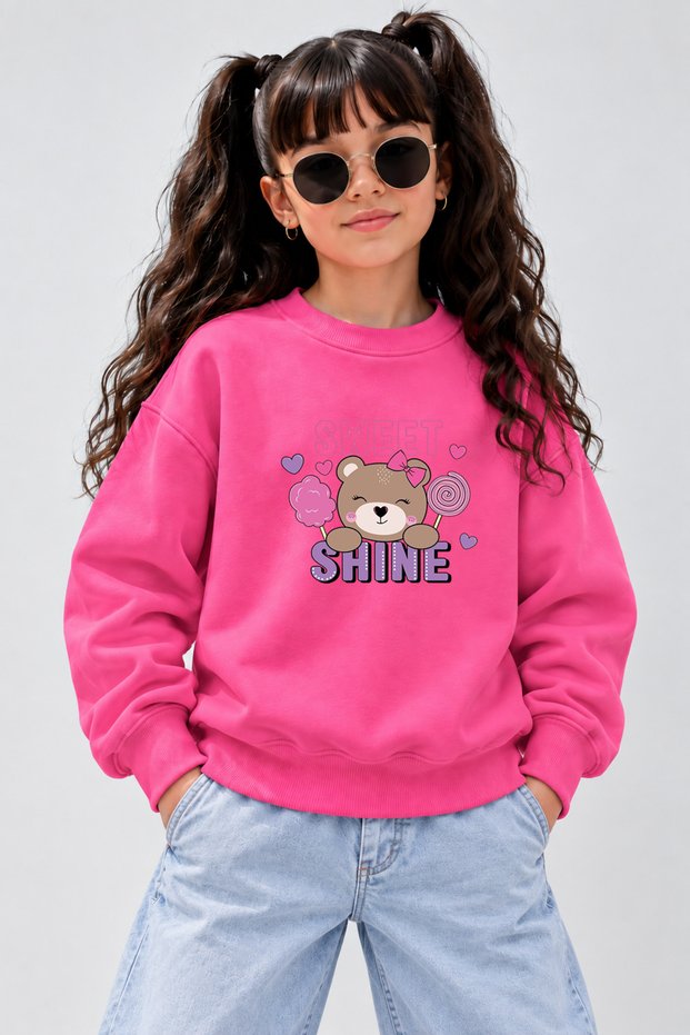 Crew Neck Sweatshirt for Girls, Printed 3-Yarn Threaded Winter Sweatshirt
