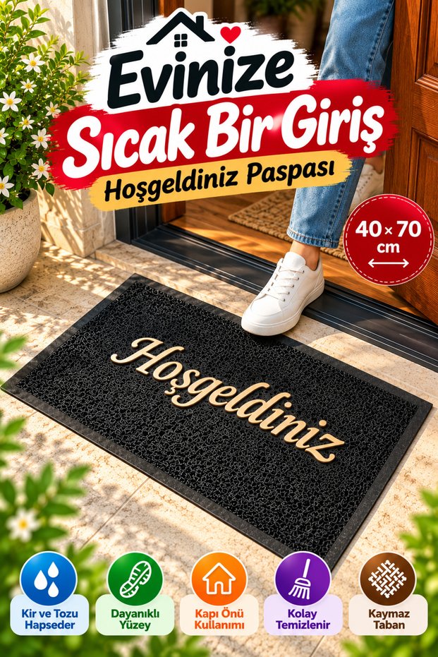 Black 40X70 cm Welcome Written Door Mat Curly Textured Decorative Home Mat with Gold Writing