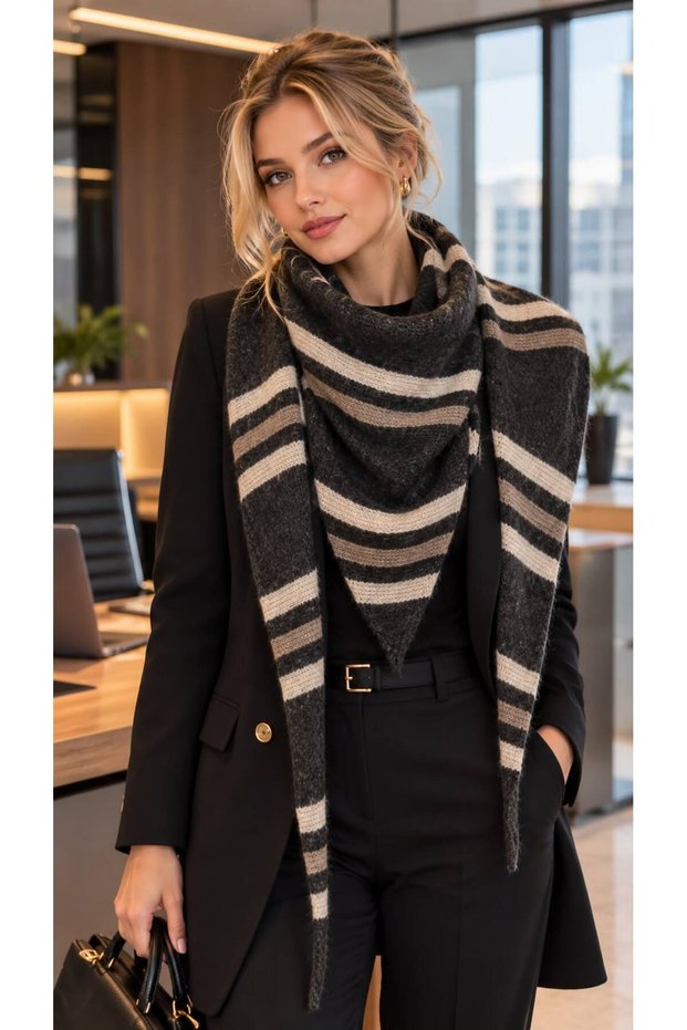 Anthracite Knitwear Striped Triangle Shawl 140X14 cm