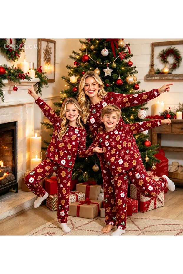 Mother-Daughter Christmas Themed Matching Pajama Set (Sold Separately) Cookie Pattern Crew Neck Comfortable, Stylish, and Warm Thermal Ultra Soft