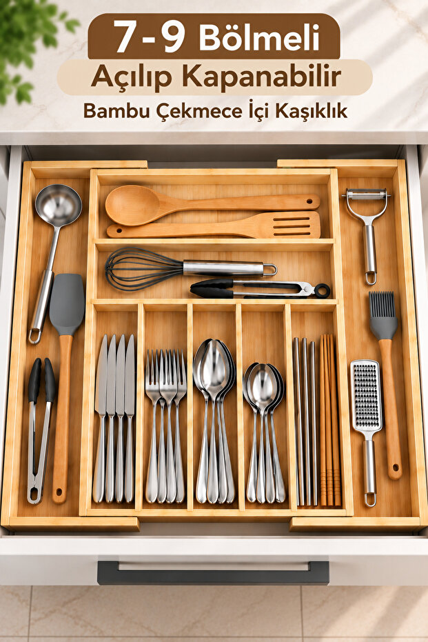 Adjustable Bamboo Drawer Cutlery Holder with 7-9 Compartments - Organizer