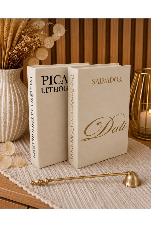 Set of 2 Decorative Book Boxes – Designed by Dali & Picasso, Openable Storage Box, Cream Home Decor