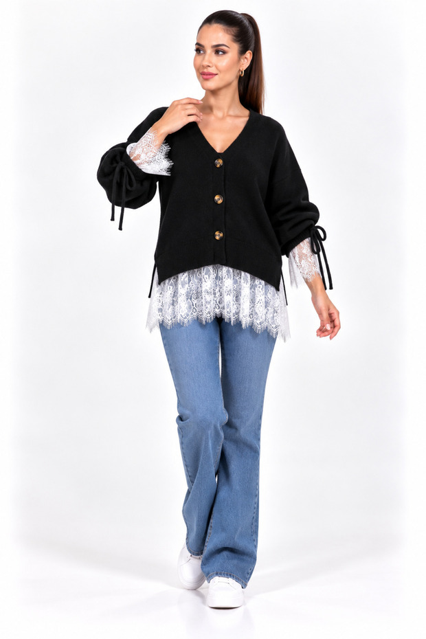 Plus Size Tulle Detailed Knitwear Cardigan Black