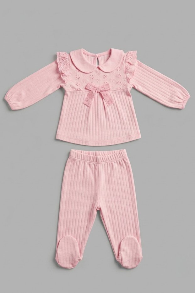 Bowknot Detailed Ruffled Embroidered Top & Booties Bottom Baby Girl Set