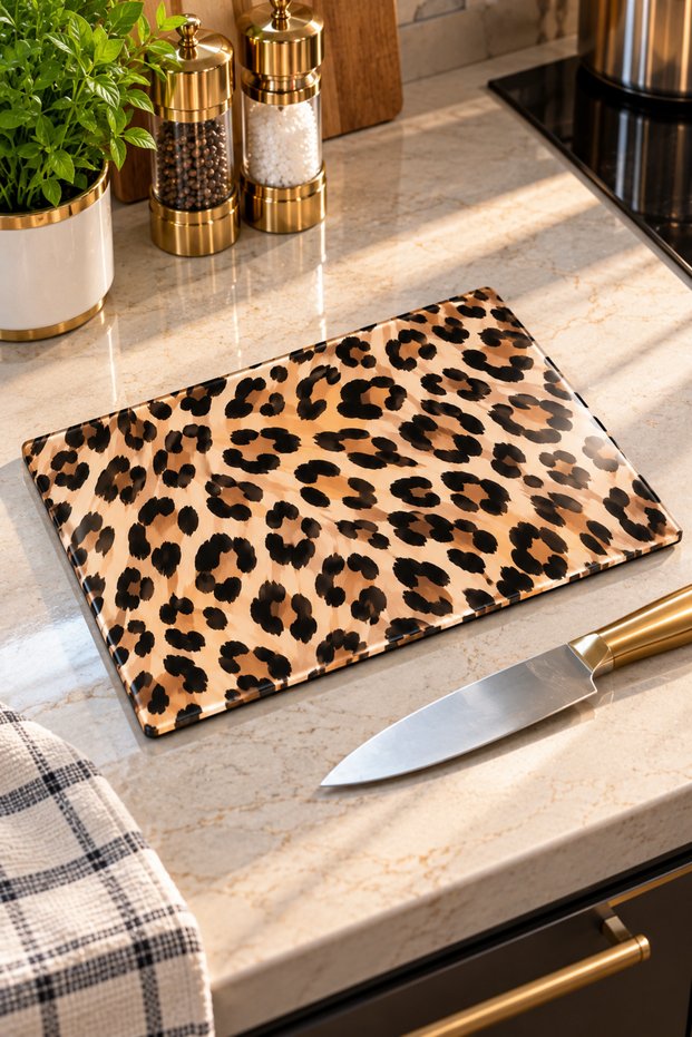 Glass Cutting Board with Leopard Theme - Glass Cutting Board |   20cm X 30cm