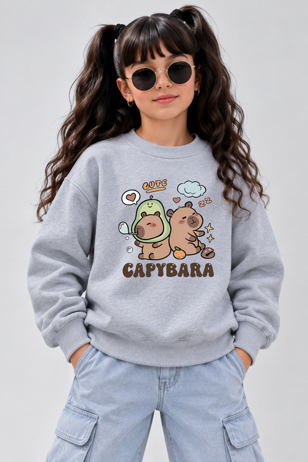 Crew Neck Sweatshirt for Girls, Printed 3-Yarn Threaded Winter Sweatshirt