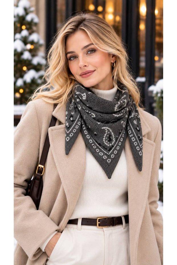Anthracite Knitwear Shawl Patterned Triangle Shawl 103X38 cm