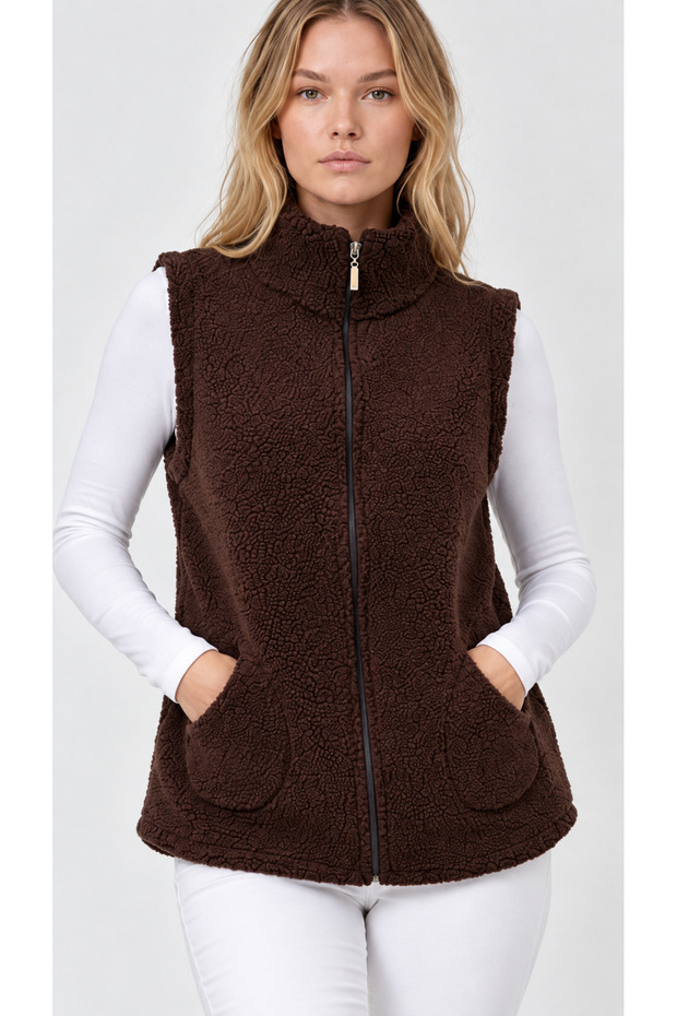 Women's Brown Stand Collar Zippered Fleece Vest