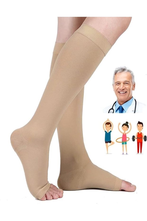 جوارب ضاغطة مفتوحة الأصابع، جوارب ضاغطة بدون أصابع بضغط 20-30 مم زئبق، جوارب ضاغطة للساق تصل إلى الركبة