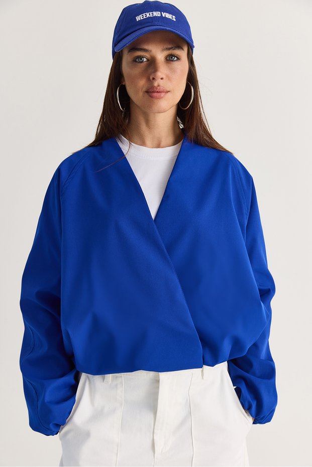 Women's Saks Double Breasted Collar Pocket Detailed Lined Elastic Wrap Closure Short Trench Coat 2845 60286507