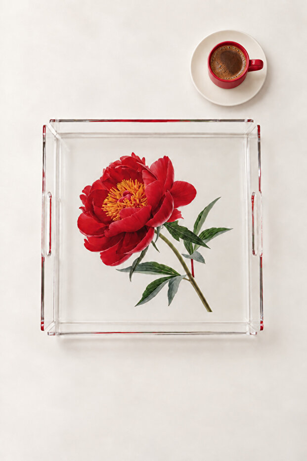 Red Peony Patterned Transparent Acrylic (Plexiglass) Decorative Presentation Tray (31×31 cm)