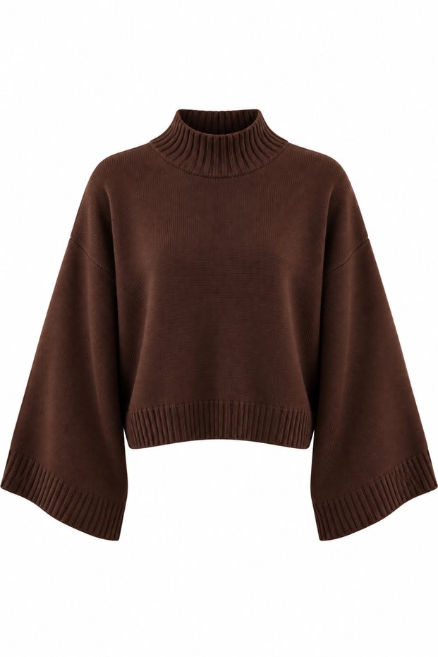 Half Fisherman's Bat Sleeve Oversize Brown Knitwear Sweater