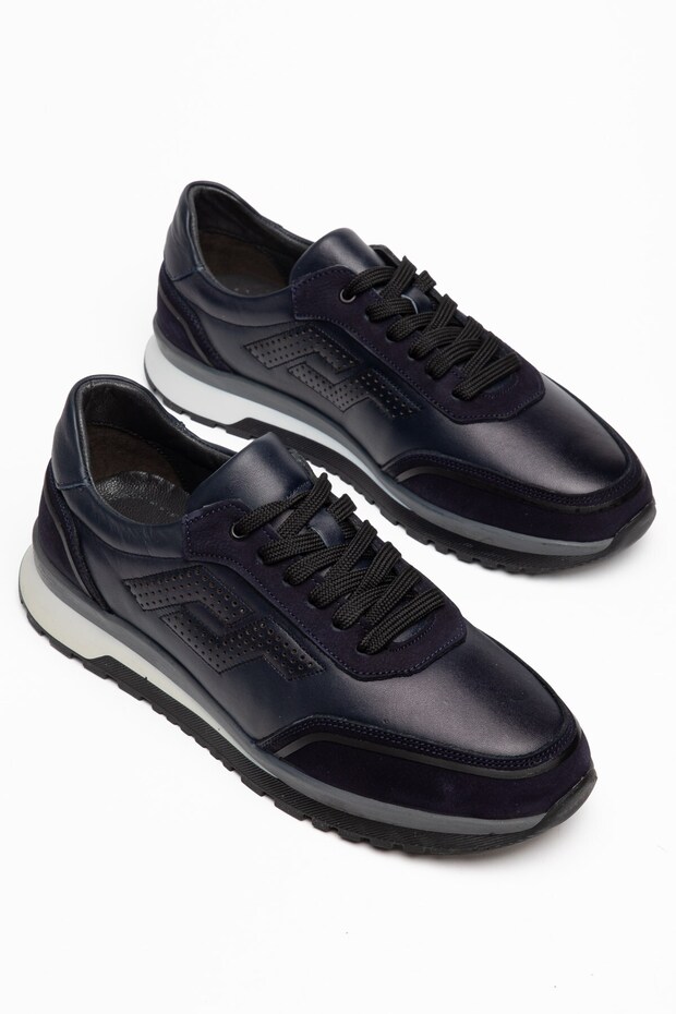 Genuine Leather Men's Casual Shoes Navy Blue Nubuck Printed Leather