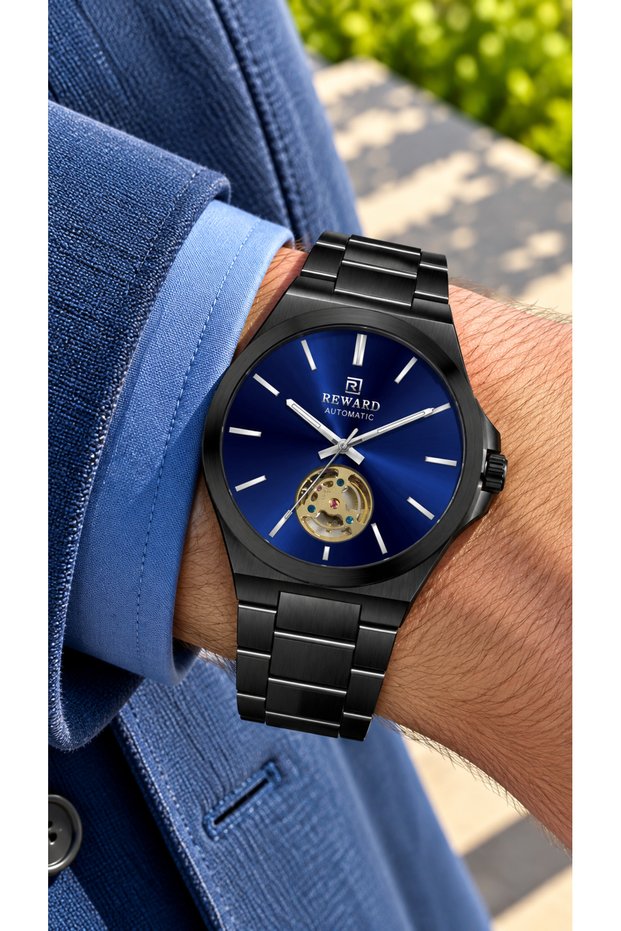 Automatic-Battery-Free Black Color Steel Cord Stylish Men's Wristwatch in Gift Box