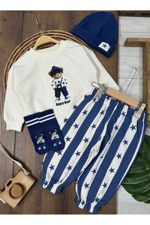 Socks with Star Teddy Bear and Cute Crab Print, Wide Fit, Seasonal 4-Piece Set for Baby Boy
