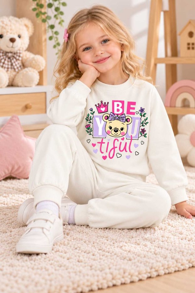 Girl's Cute Teddy Bear Printed 2-Piece Pajama Set