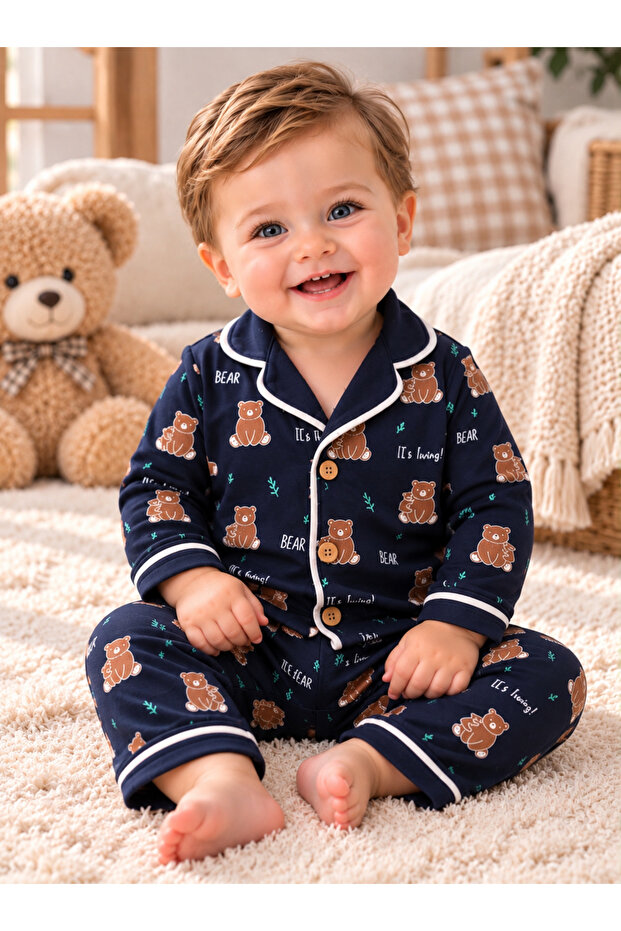 100% Cotton Teddy Bear Patterned Long Sleeve Buttoned Baby Pajama Set for Girls and Boys Unisex