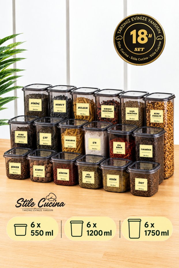 18-Piece Square Food and Vegetable Storage Container Set 6X(0.55-1.2-1.75 Liter) Dowry Set with Label Gift
