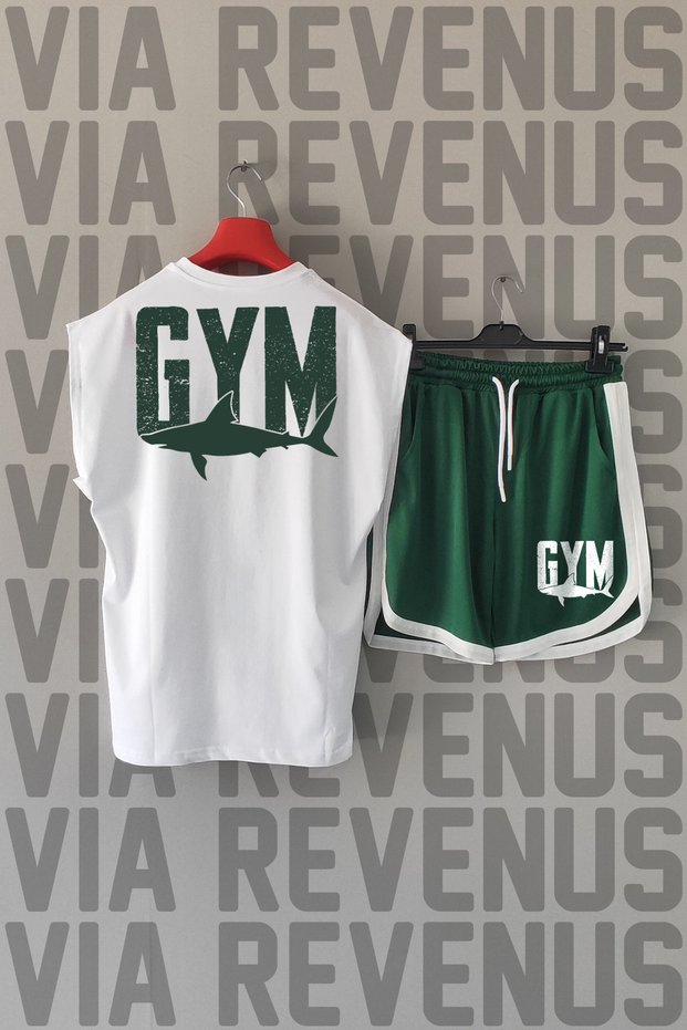 Shark Back Printed Sleeveless Sports Tshirt and Custom Sports Shorts Set