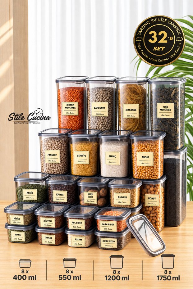 Square Food Storage Container with Label Gift Set of 32 8X(0.40 Liter, 0.55 Liter, 1.2 Liter, 1.75 Liter)