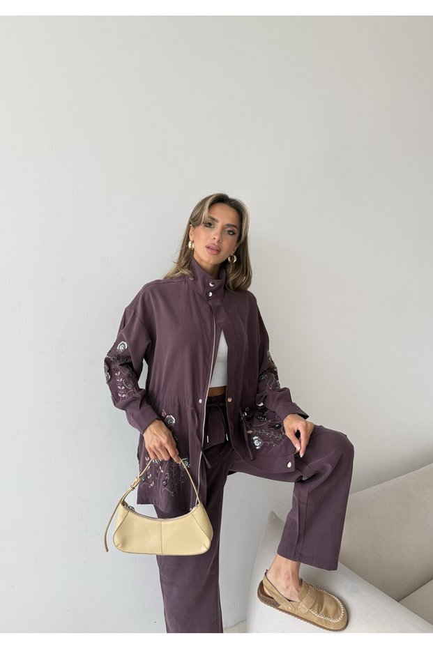 Women's Front Sleeves with Bead Embroidery Tansel Fabric Bambir Ceken Pant Suit