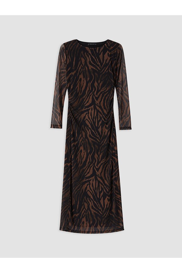 Texx Store Quality Lcw Studio Black Tulle Leopard Tight & Slim Oval Neck Long Dress