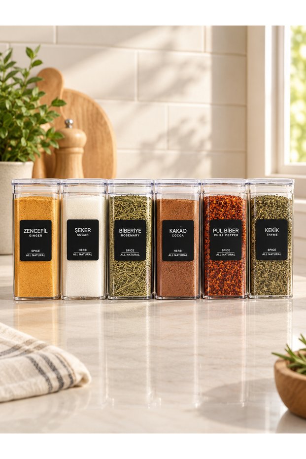 Set of 6 Acrylic Vacuum Square Spice Containers with Labels, 300ml - Spice Container Set with Leak-Proof Lids