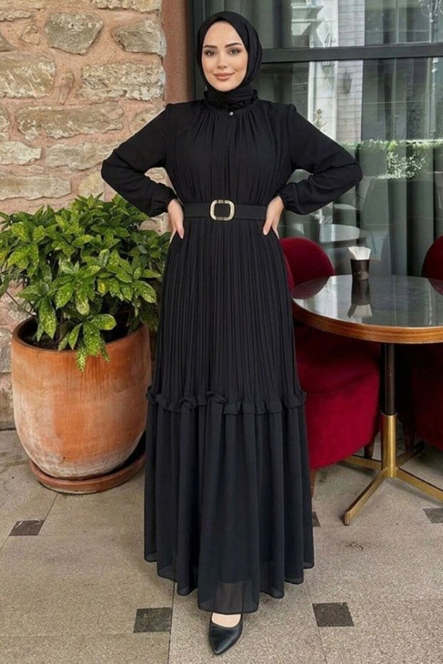Black Hijab Dress with Buckle Belt 24683S