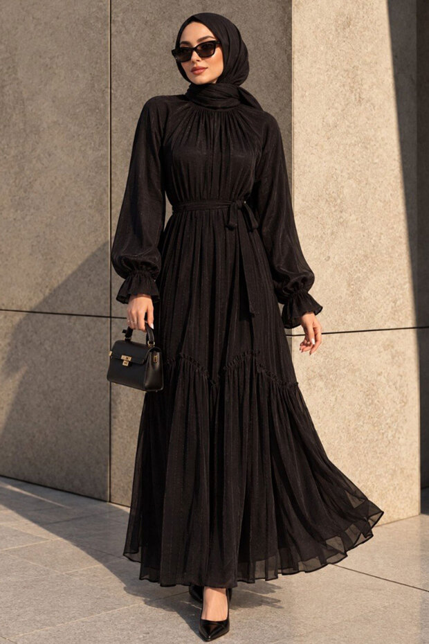 Sparkling Belted Black Hijab Evening Dress 4956S