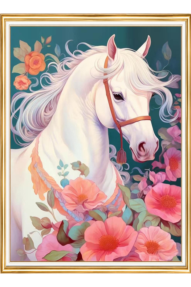 Diamond painting puzzle kit, white horse among flowers 30x40 cm mosaic