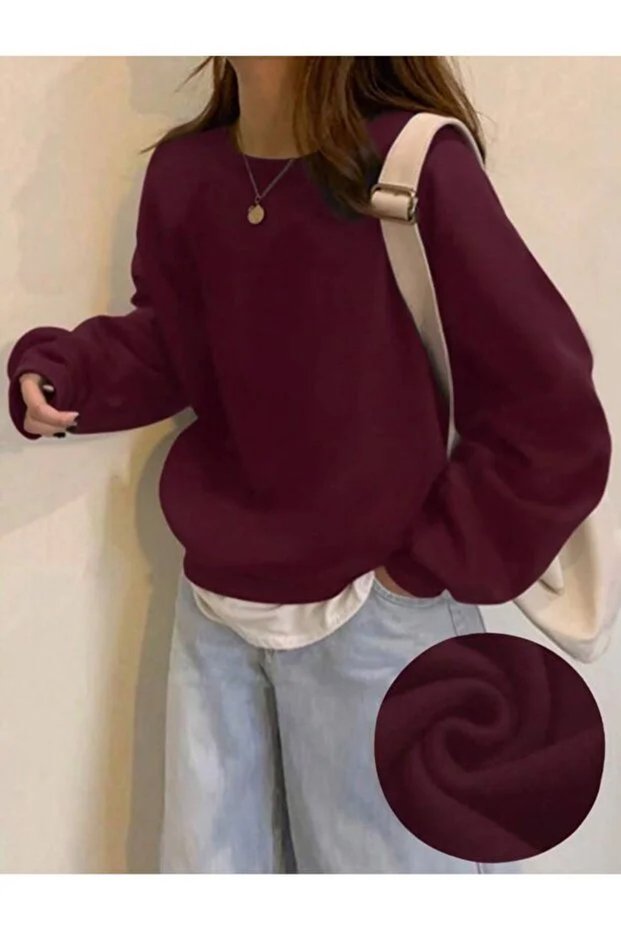 Burgundy Plain Crew Neck Oversize Unisex Sweatshirt