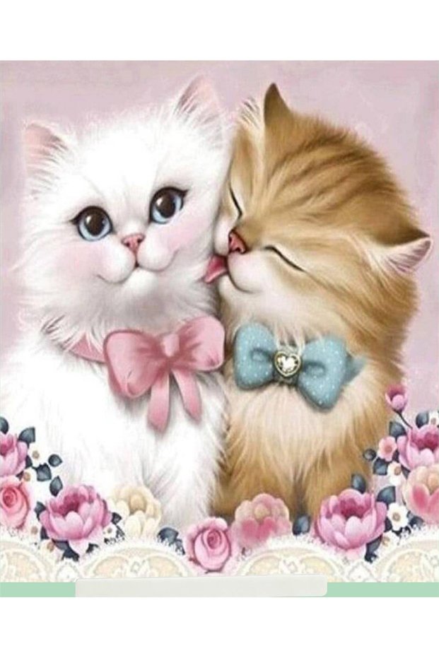 Diamond painting puzzle kit, cute cats with bows 21x25 cm mosaic