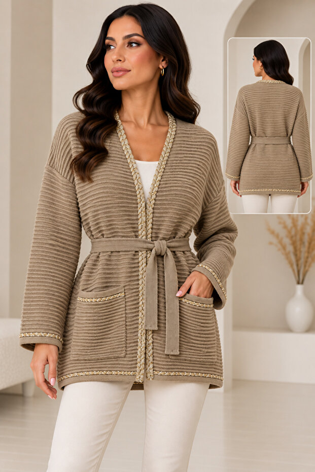 Women's Belted Ribbed Knit Cardigan with Pockets – Contrast Stripe Detail