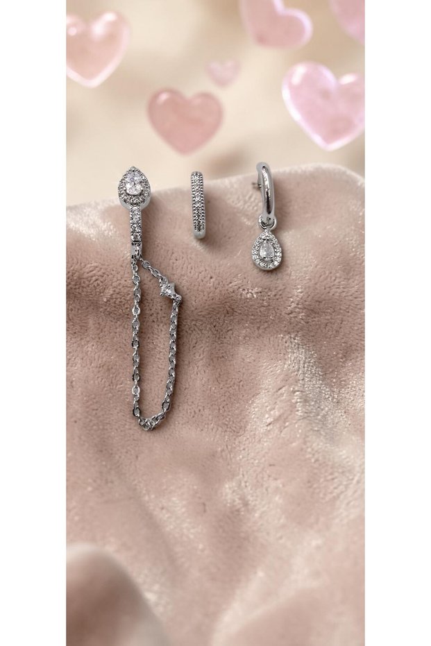 Silver Color Zircon Stone Drop Dangle 3-Piece Steel Earring Set - Tarnish Resistant