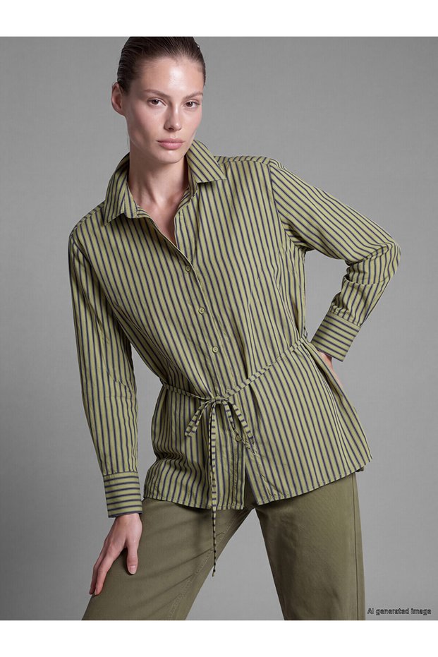 Two Mt Shop Quality Lcw Studio Green Waist-Tied Striped Women's Shirt