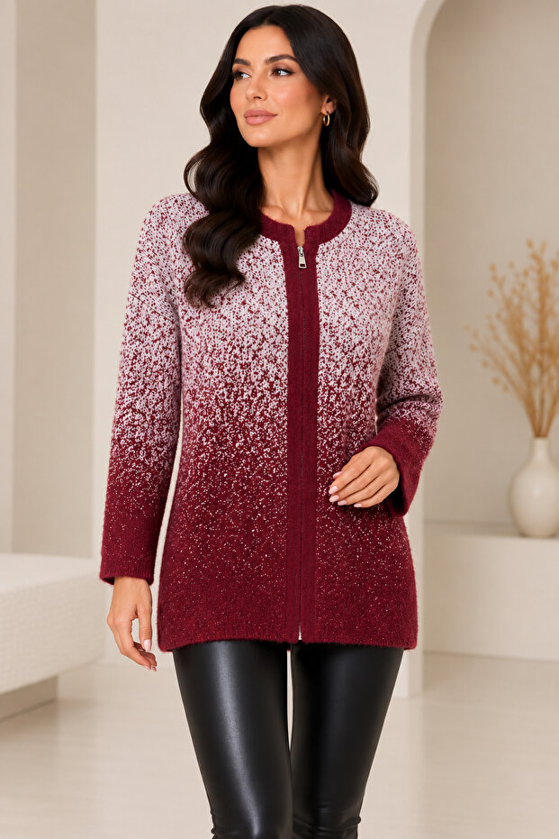 Women's Brown Gradient Knitwear Cardigan – Zippered Crew Neck