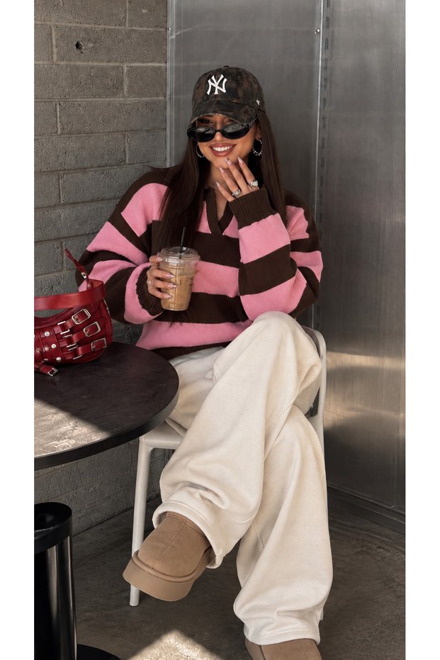 Tokyo Women's Brown Pink Striped Oversize Polo Collar Knit Sweater