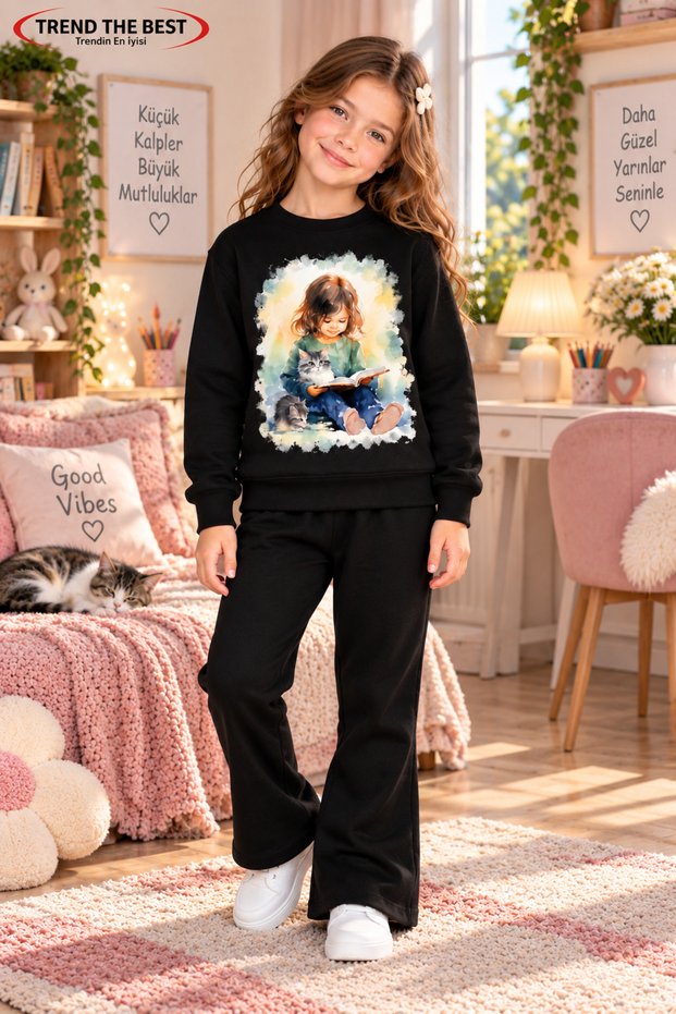 Winter, Spring, and Autumn Girls' Black Spanish Flared Bottoms and Black Sweat Top