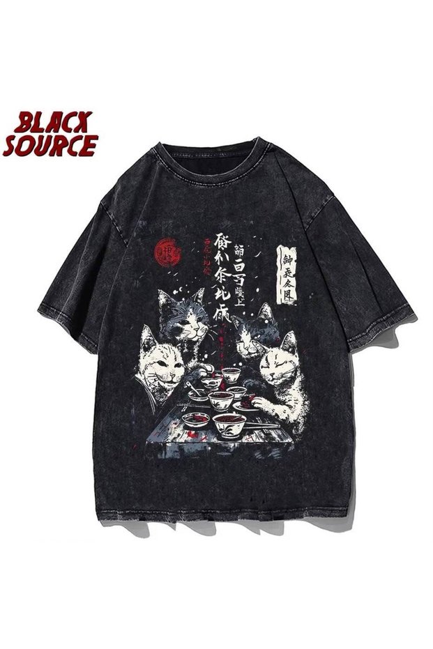 Street Fashion Oversize Vintage Washed Black T-Shirt with Multiple Cat Patterns