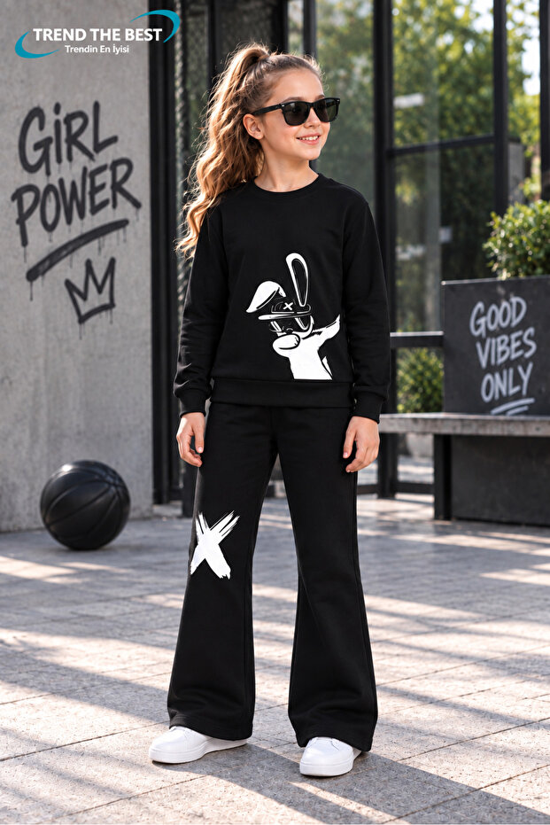 Winter, Spring, and Autumn Girls' Black Spanish Flared Bottoms and Black Sweat Top