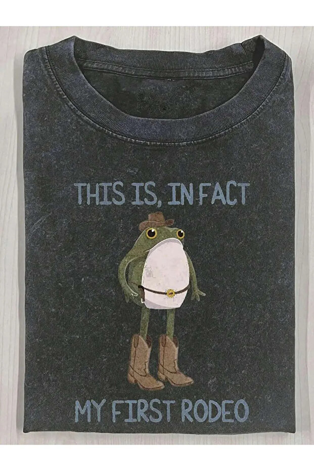 Washable Vintage Black Oversize Cowboy Frog Printed T-Shirt