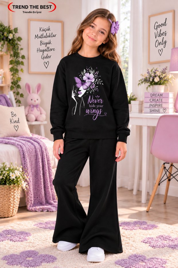 Winter, Spring, and Autumn Girls' Black Spanish Flared Bottoms and Black Sweat Top