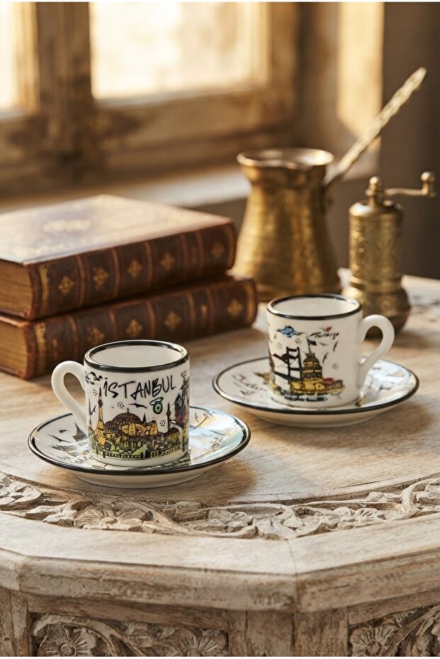 Istanbul Themed Ceramic Turkish Coffee Cup Set for 2 People