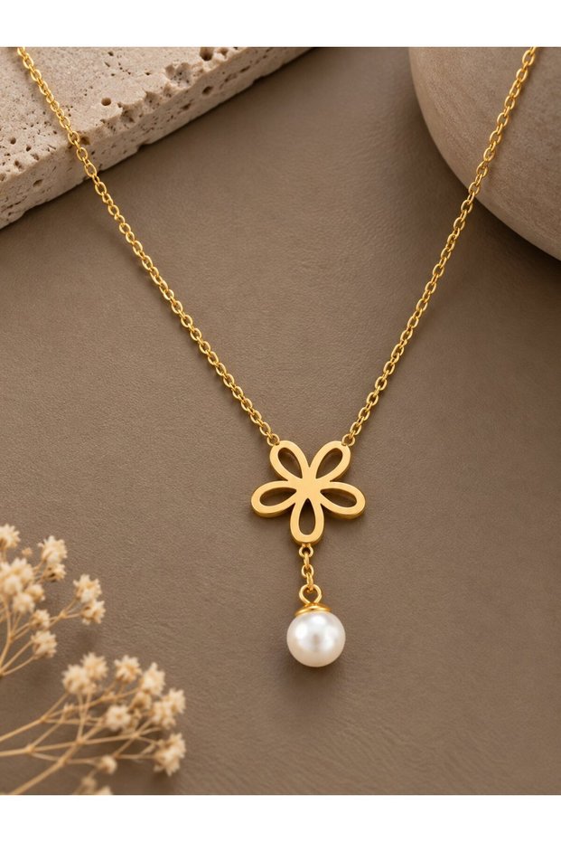 316L Steel Chain Gold Color Pearl Detail Flower Necklace