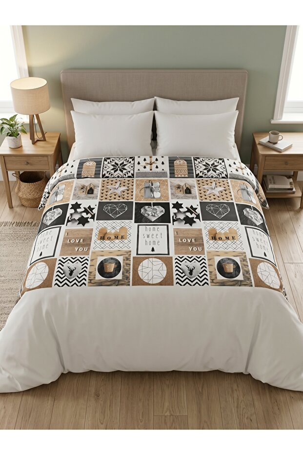 Makiteks Double 200X220+2*(50X70) Duvet Cover Set Home Sweet Home Patchwork Rustic Deer and Heart Patterned White