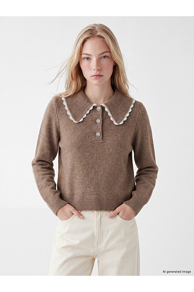 Esvab • Modern & Distinctive Bebe Roba Collar Wool Blend Women's Knitwear Sweater