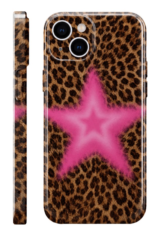 Iphone 14 pink star leopard protect slim glossy full cover printing camera protected phone case