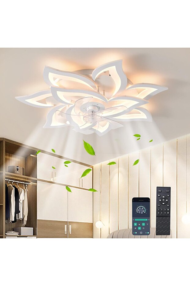 مروحة سقف مع إضاءة وجهاز تحكم عن بعد، إضاءة LED قابلة للتعتيم، 6 سرعات، لون أبيض