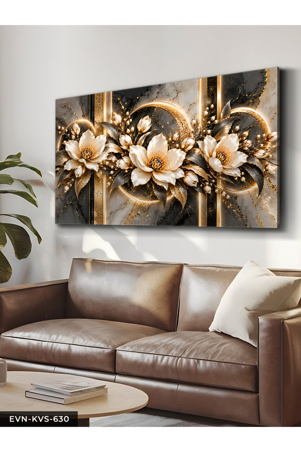 Golden Sparkling Marble Patterned Flower One Piece Canvas - Canvas Art Print